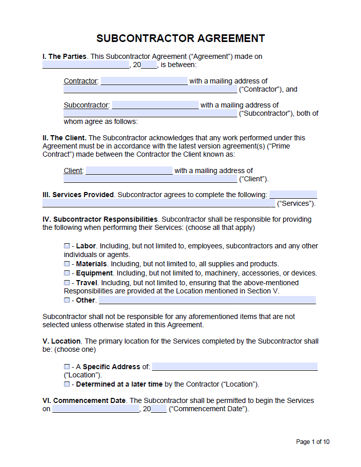 SUBCONTRACTOR AGREEMENT